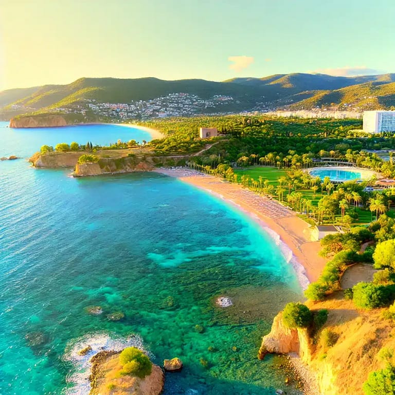 Türkische Riviera bei Sonnenuntergang mit ruhigem Meer