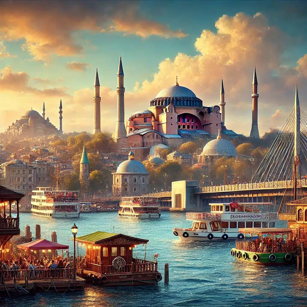 Ein Bild von Istanbul, das die ikonische Skyline mit der Hagia Sophia, der Blauen Moschee und der Bosporus Brücke zeigt