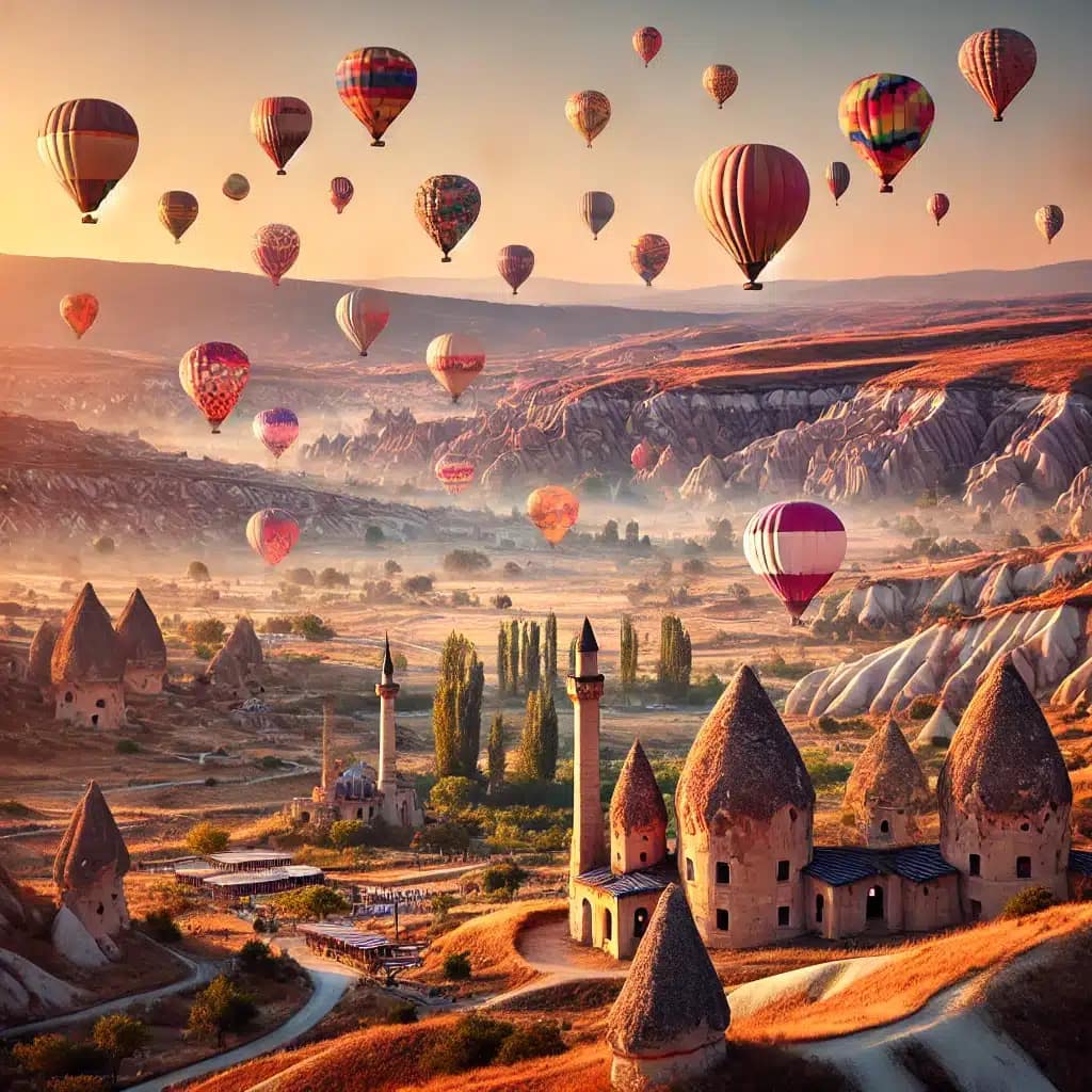 Ein beeindruckendes Bild von Kappadokien in der Türkei. Im Vordergrund sind die ikonischen Feenkamine und Felsformationen zu sehen