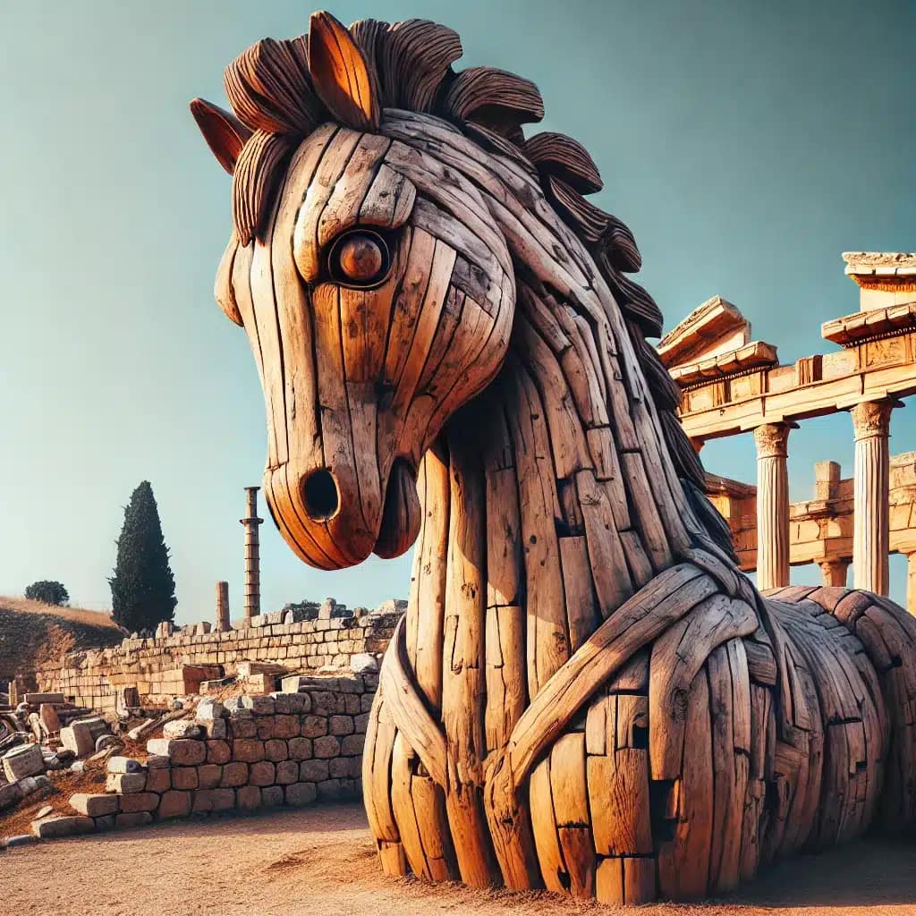 Ein detailliertes Bild einer Nachbildung des Trojanischen Pferdes in der archäologischen Stätte von Troja, Türkei.
