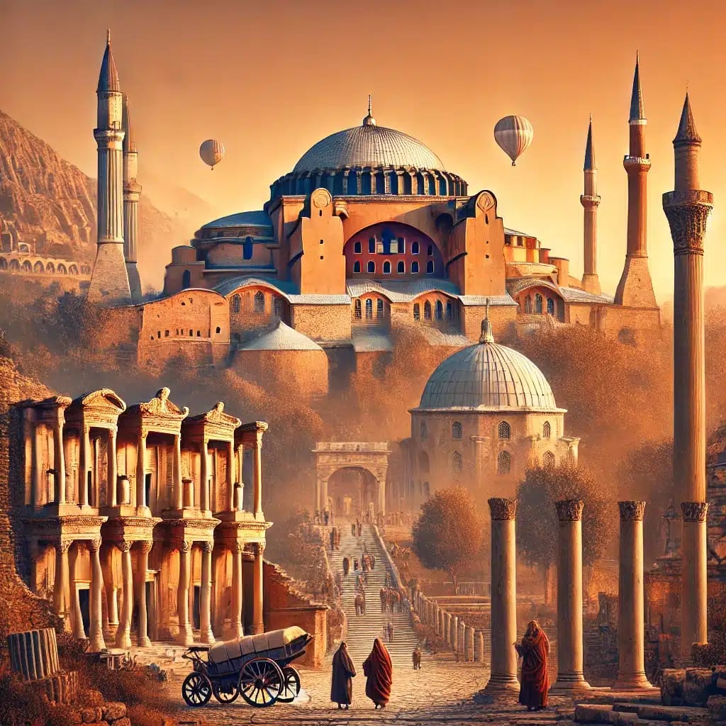 Ein inspirierendes Bild, das Kulturreisen in der Türkei symbolisiert. Im Vordergrund steht die beeindruckende Hagia Sophia in Istanbul