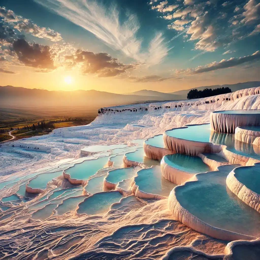 Ein wunderschönes Bild von Pamukkale in der Türkei. Im Vordergrund sind die ikonischen weißen Kalksinterterrassen mit türkisfarbenem Wasser dargestell